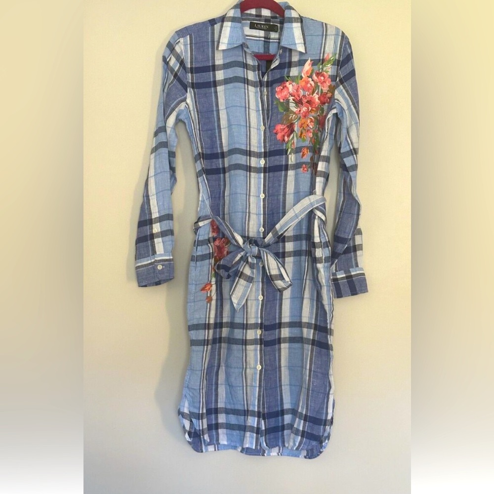 Ralph Lauren Women's Floral Plaid Linen Shirtdress Blue (Black Label)